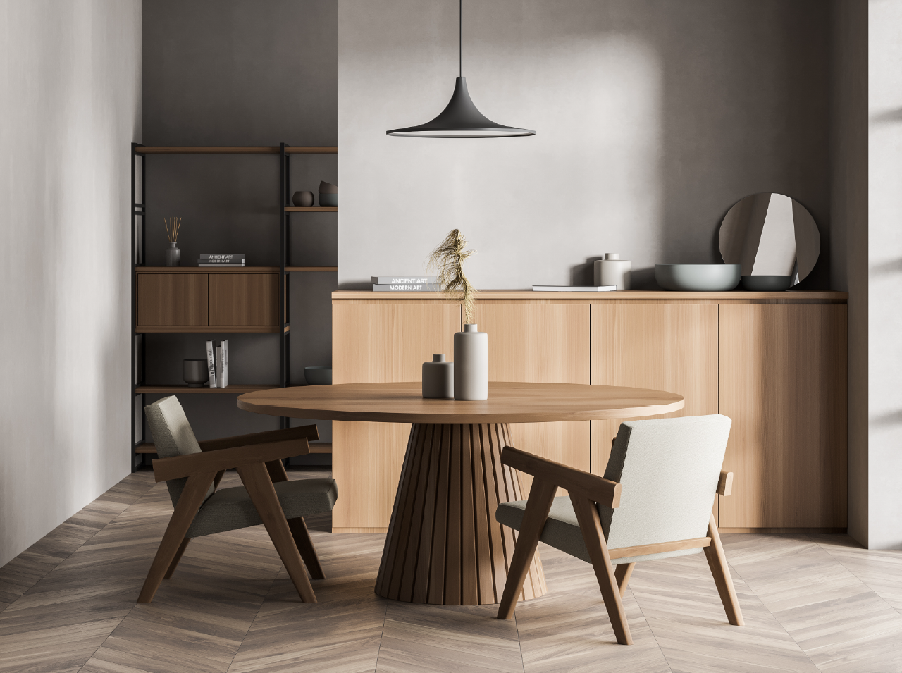 Modernes Esszimmer in warmen Naturt&ouml;nen mit rundem Holztisch, Designst&uuml;hlen und minimalistischer Einrichtung.