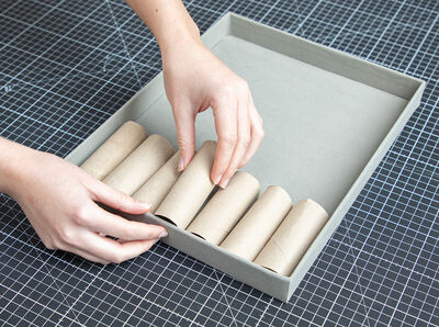 Halbierte Papierrollen dicht aneinander in Kartondeckel gesteckt. 